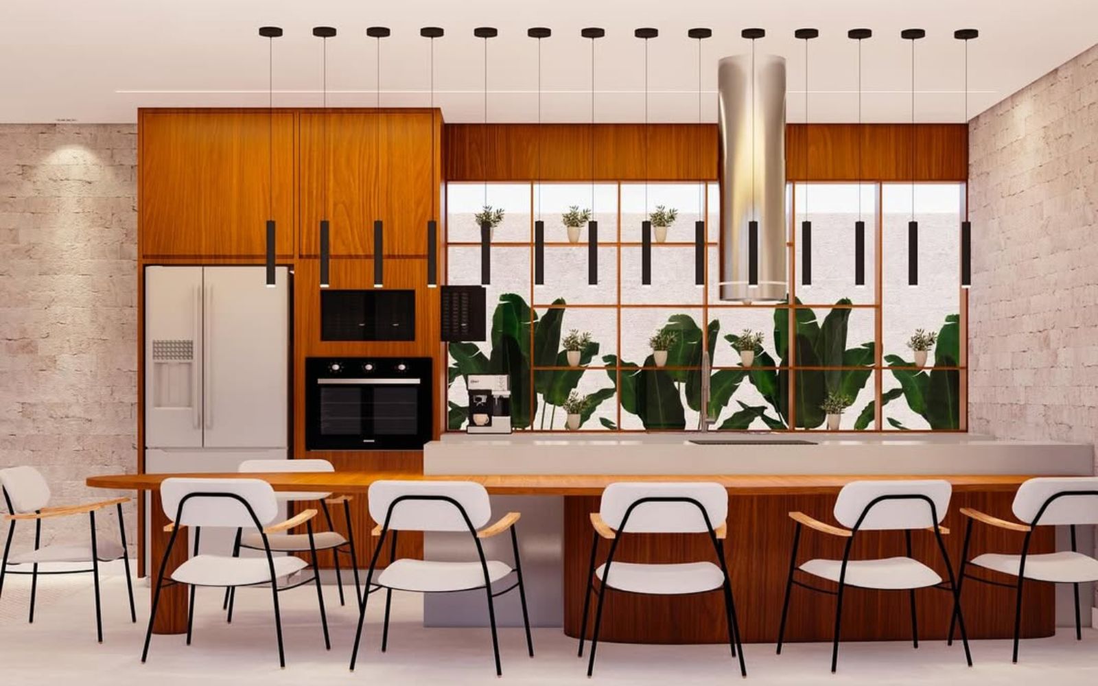 Biophilic kitchen study render — limestone feature wall, walnut millwork, horizontal window framing a Ravenala palm.