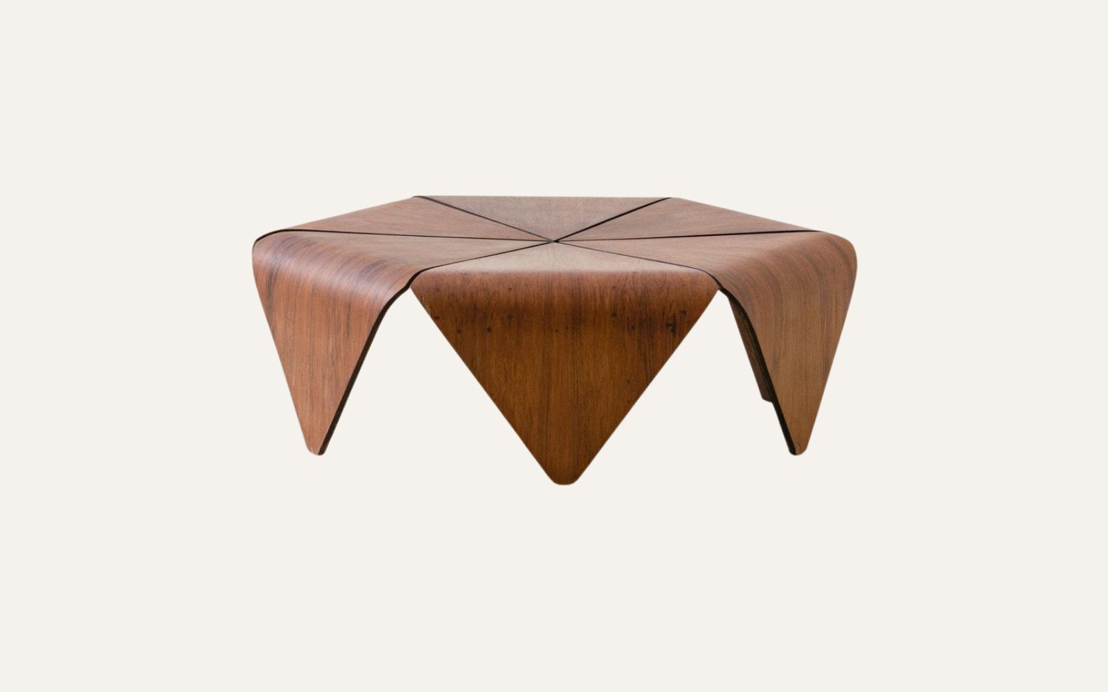 Pétalas table by Jorge Zalszupin, jacarandá top assembled from fanned petal segments.