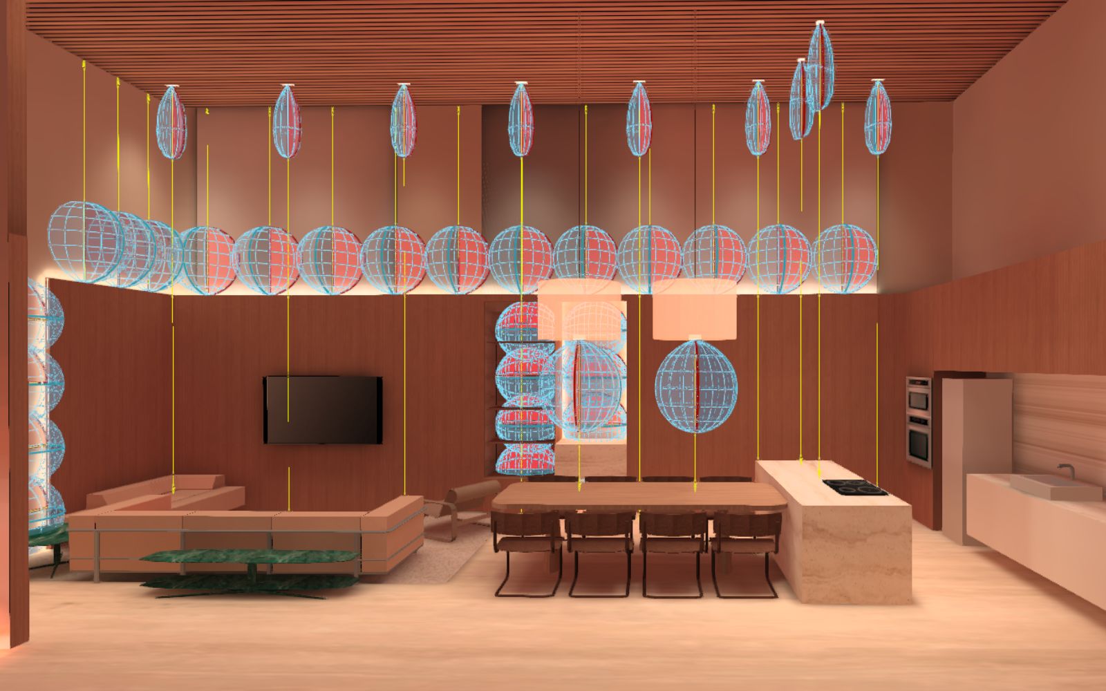 Residential lighting study — concealed linear LED in wood paneling, integrated ceiling fixtures with controlled beam angles.