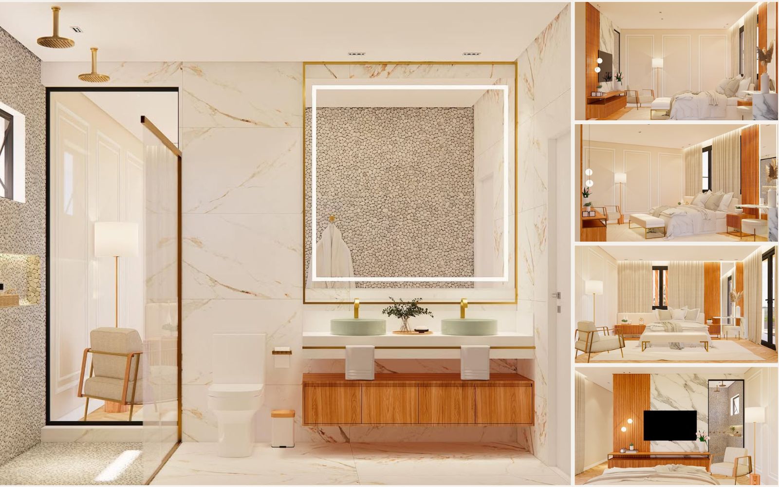 Luxury primary suite — polished Calacatta marble, brushed brass, river stone feature wall, teak paneling.
