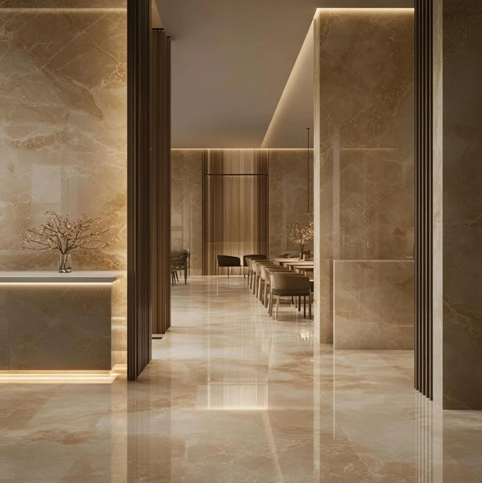 An interior where travertine covers the floor, the walls, and the counter at once, the material saturating every surface.